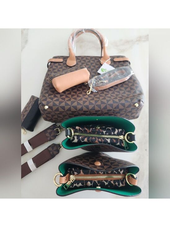 Unbranded Handbags - 8-Piece Brown Geometric Handbag & Crossbody Set – Vegan